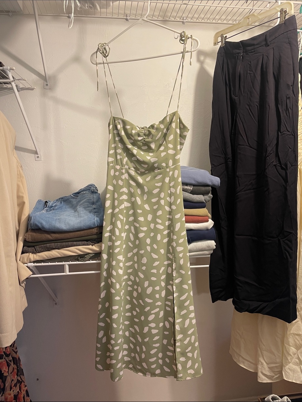 Lulus Sage Green Slip Dress with White Abstract Print